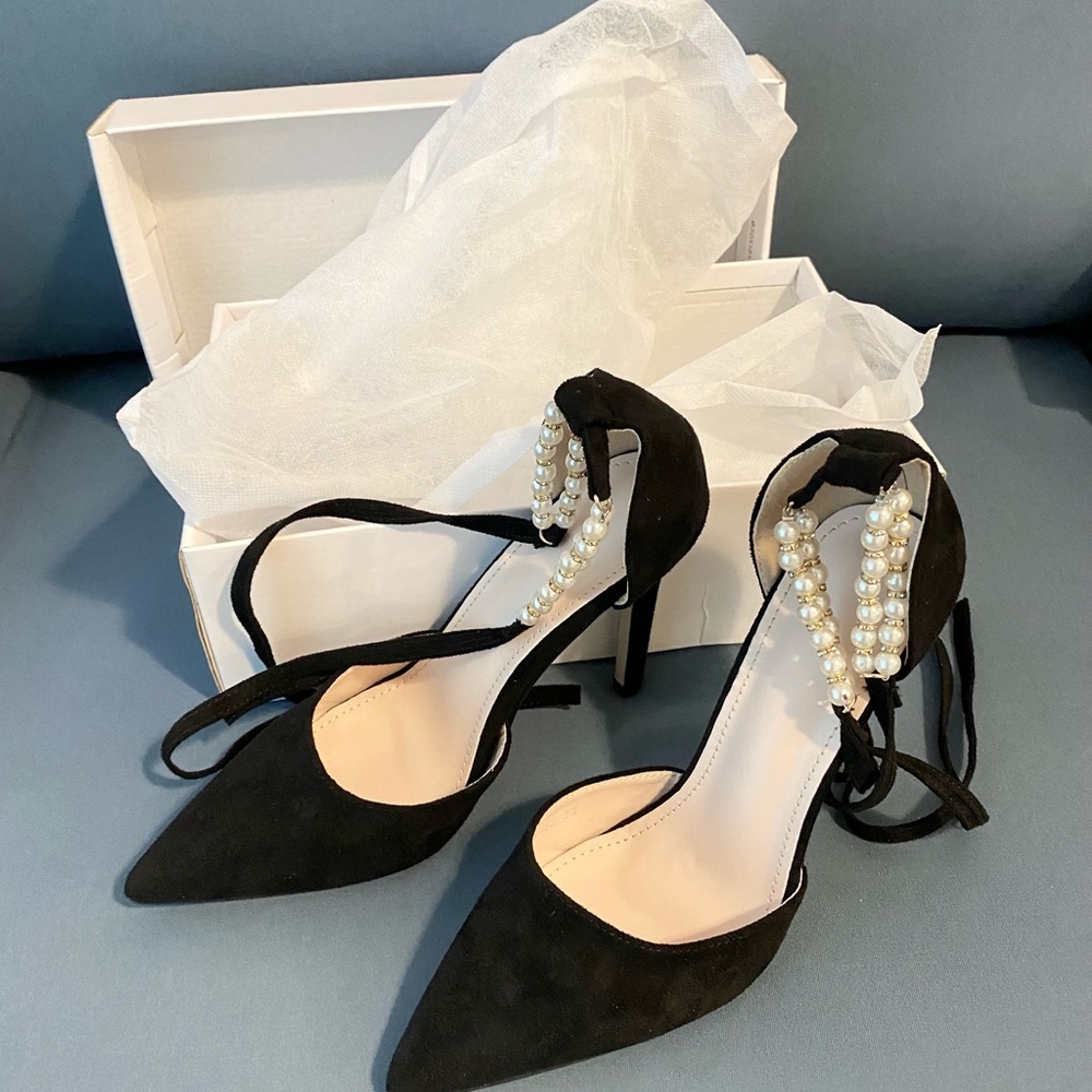 Point Toe Faux Pearl Ankle Strap Stiletto Heels